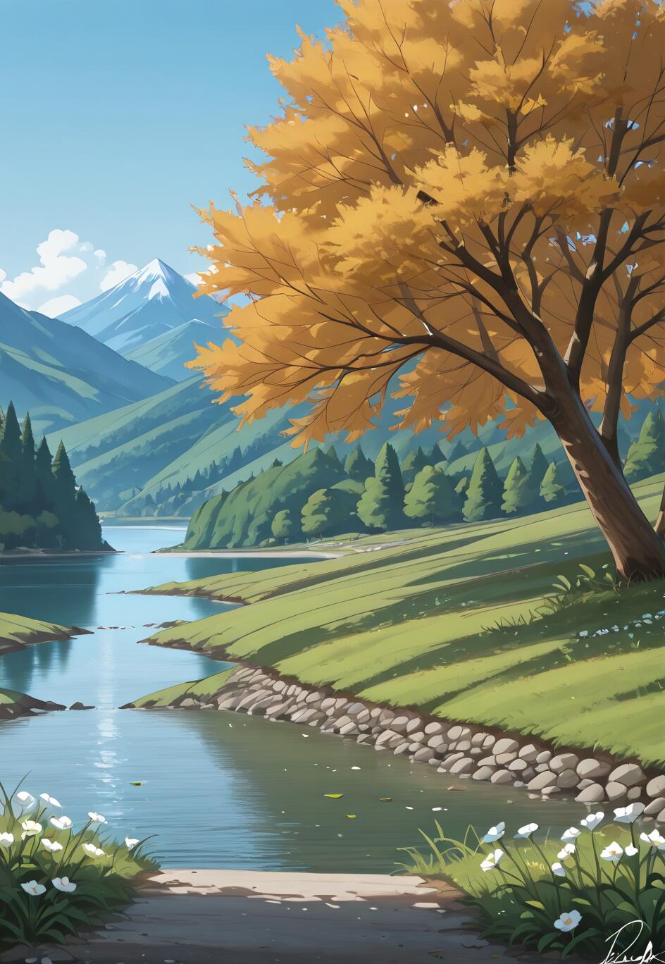 Une peinture numérique de style manga représentant un paysage paisible. Un grand arbre aux feuilles dorées surplombe une rivière sinueuse. En arrière-plan, on aperçoit des collines verdoyantes et une montagne enneigée sous un ciel bleu. Des fleurs blanches se trouvent au premier plan.