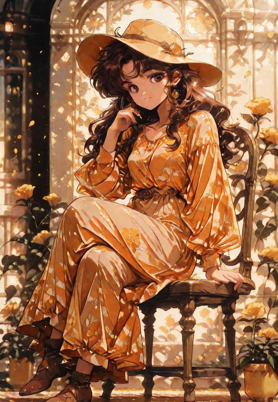 Un portrait en pied d’une jeune femme au style manga, avec de longs cheveux bruns et un chapeau jaune, assise sur une chaise en bois. Elle porte une longue robe jaune-orangée à motifs floraux et sourit doucement dans un jardin ensoleillé, entourée de roses jaunes.