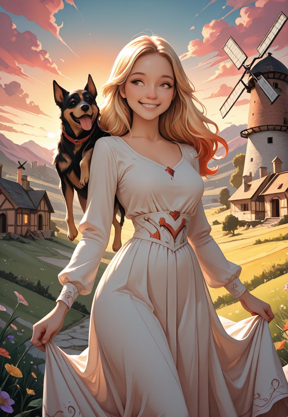 Une illustration de style manga représentant une jeune femme souriante, aux longs cheveux blonds, vêtue d’une robe blanche, se tenant dans un champ avec son chien joyeux. En arrière-plan, on aperçoit un paysage rural avec un grand moulin à vent et des maisons, le tout baigné par la lumière d’un coucher de soleil.