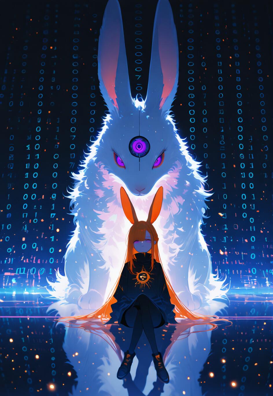 Une illustration de style manga représentant une jeune fille aux cheveux orange et aux oreilles de lapin, assise devant un immense lapin blanc et lumineux doté d’un troisième œil, le tout dans un monde numérique futuriste où du code binaire tombe en pluie.