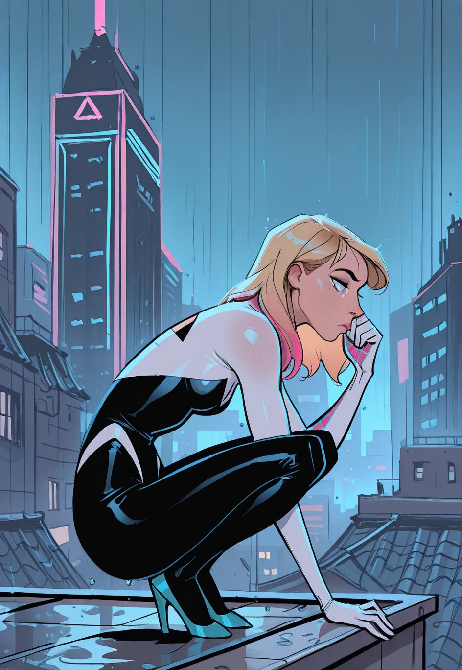 Gwen Stacy, dans le rôle de Spider-Gwen, porte son emblématique costume noir et blanc. On la voit accroupie, plongée dans ses pensées, sur un toit humide, dans une ville illuminée par des néons, sous une pluie nocturne.