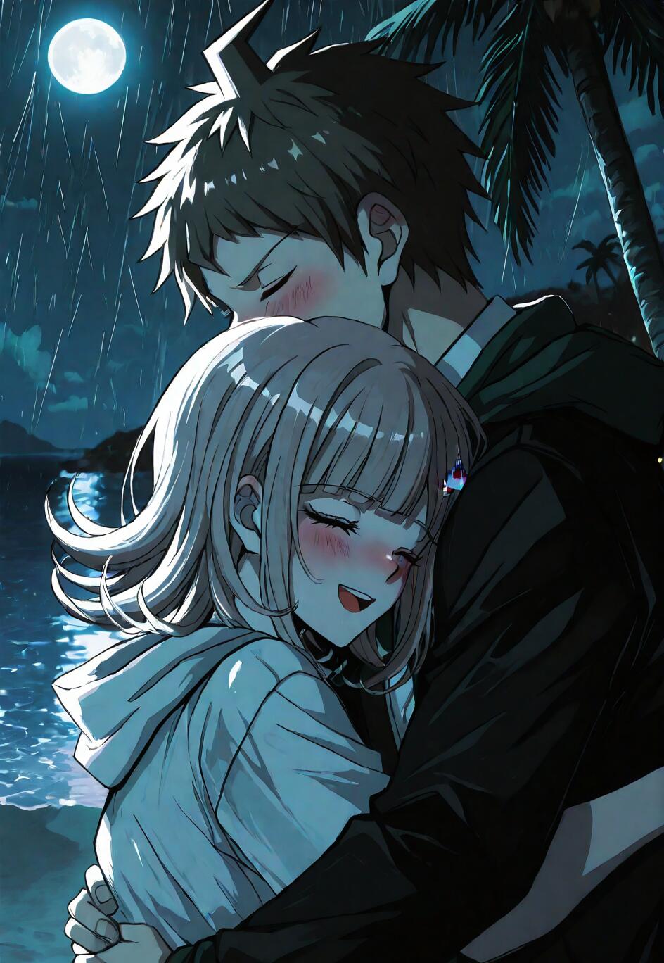 Une illustration de style manga représentant Hajime Hinata et Chiaki Nanami, personnages de Danganronpa, enlacés tendrement sur une plage pluvieuse, la nuit, avec une pleine lune et des palmiers en arrière-plan.