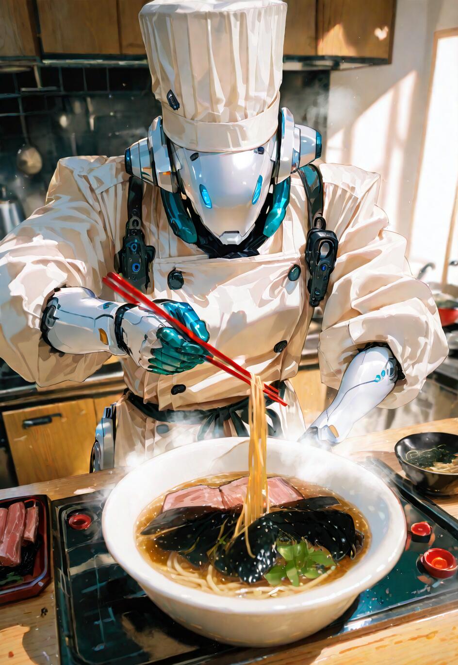 Un robot blanc et futuriste, vêtu d’un uniforme de chef complet, y compris un grand chapeau, utilise des baguettes rouges pour saisir des nouilles dans un bol fumant de ramen japonais, dans une cuisine.