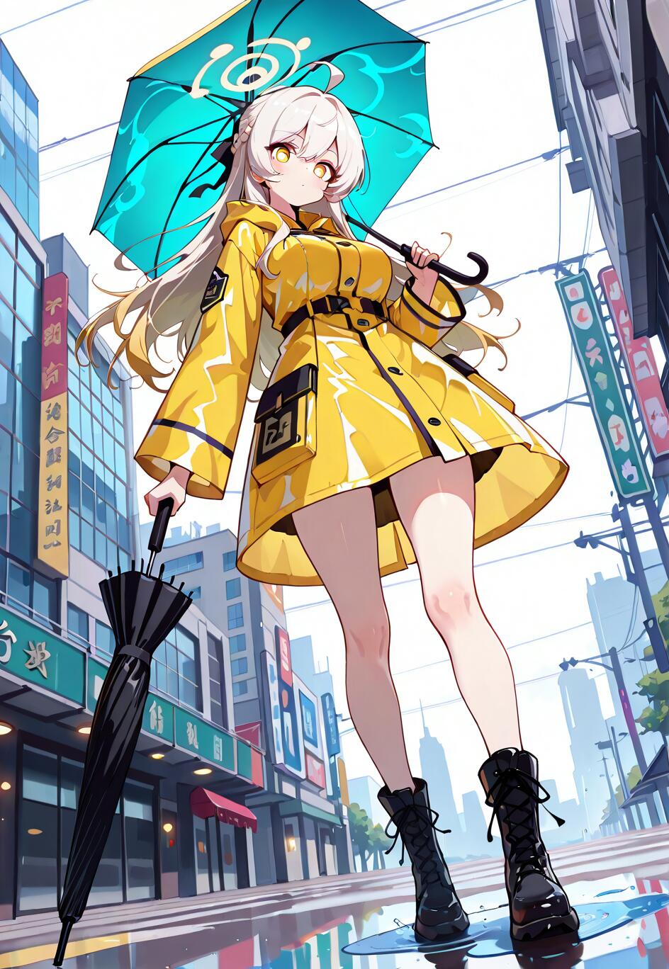 Une illustration de style manga représentant Stelle, le personnage féminin principal de Honkai : Star Rail, debout dans une rue de la ville, où le sol est mouillé. Elle porte un imperméable jaune et tient un parapluie turquoise, et elle regarde le spectateur avec ses yeux dorés.