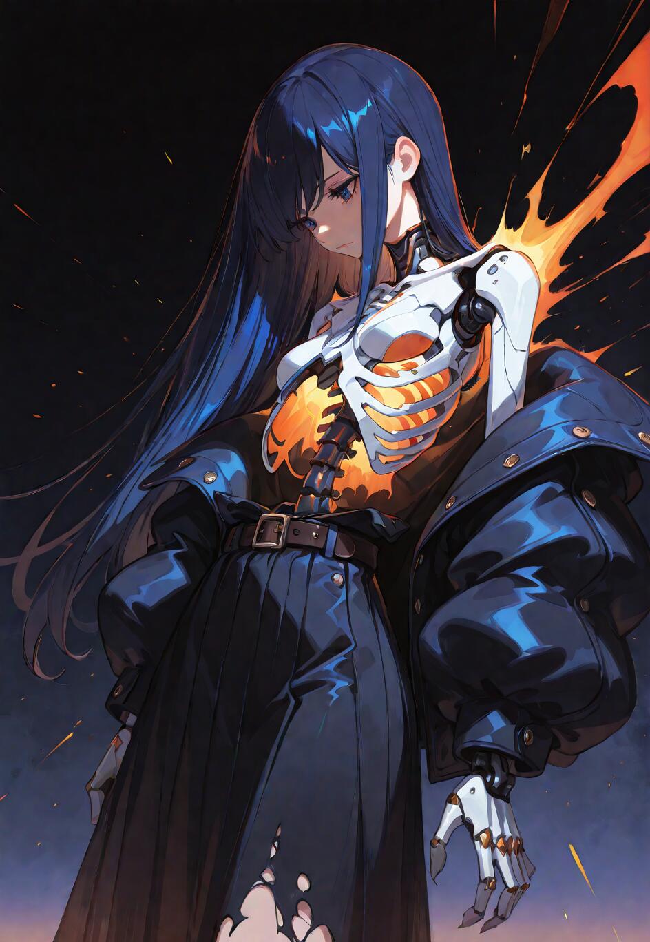Une jeune fille cyborg au style manga, avec de longs cheveux bleu foncé, regarde vers le bas avec une expression sombre. Son torse est ouvert, révélant une cage thoracique mécanique blanche qui émet une lumière orange vive de l’intérieur. Elle porte une veste sombre ouverte et une jupe déchirée, le tout sur un fond sombre parsemé d’étincelles.