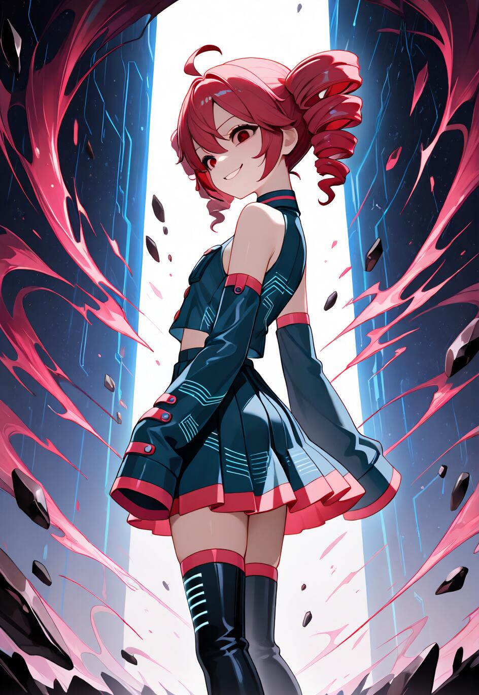 Une illustration de Kasane Teto dans un style manga, avec des cheveux rouges coiffés en deux couettes et un sourire espiègle. Elle porte une tenue futuriste bleue et rouge. Elle se tient au milieu d’une énergie rose tourbillonnante et de rochers flottants, devant un portail lumineux et éclatant.