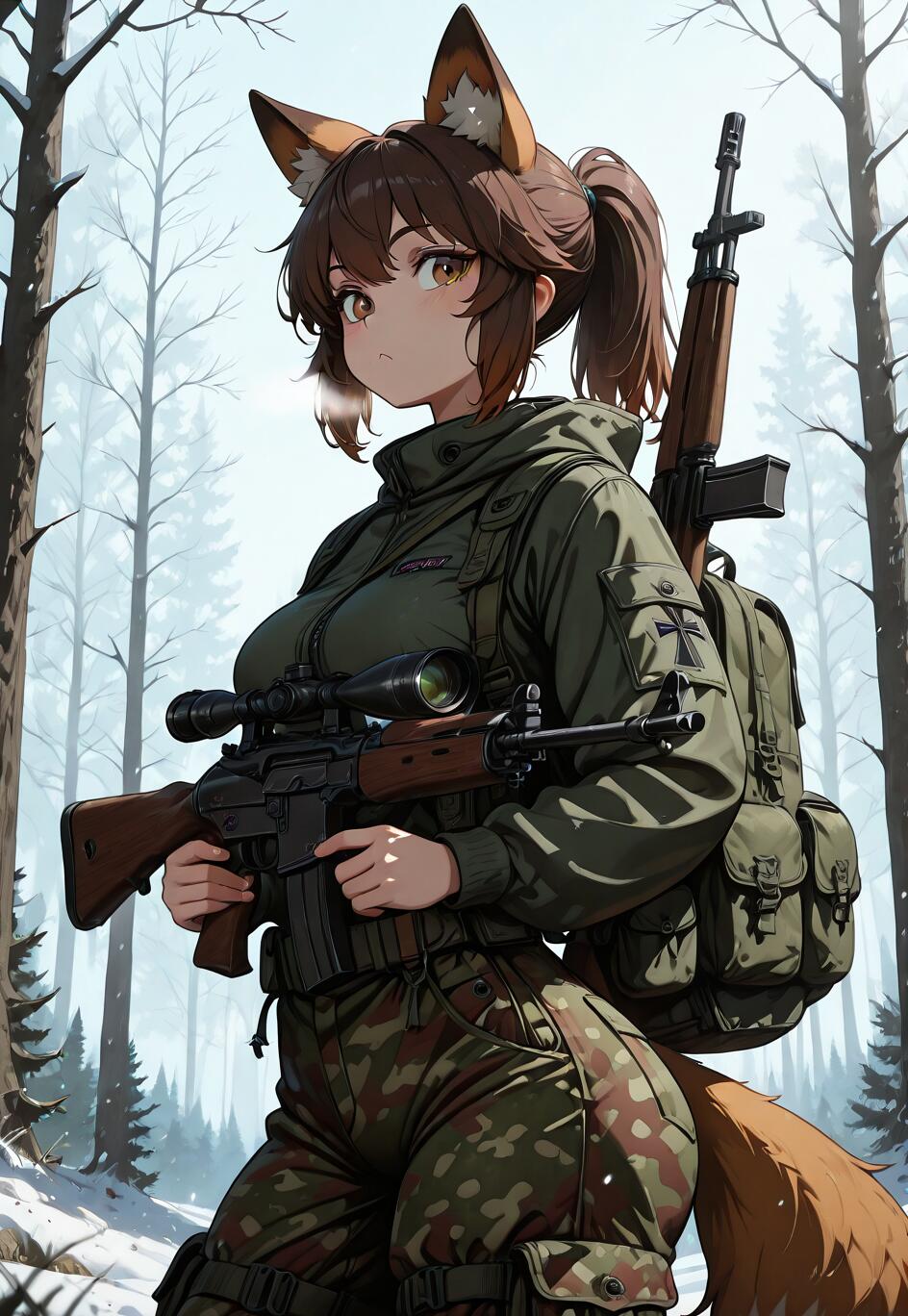 Une jeune fille à l’allure d’un personnage d’anime, avec des cheveux bruns attachés en queue de cheval, vêtue d’une veste militaire verte et d’un pantalon de camouflage, se tient dans une forêt enneigée, tenant un fusil de sniper.