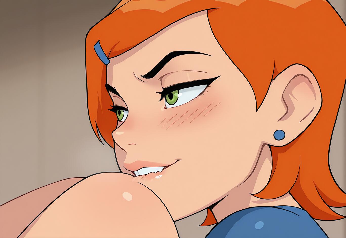 Portrait numérique de Gwen Tennyson, personnage de la série Ben 10, avec des cheveux orange et des yeux verts. Elle affiche un regard espiègle et légèrement rougissante, et mordille sa lèvre.