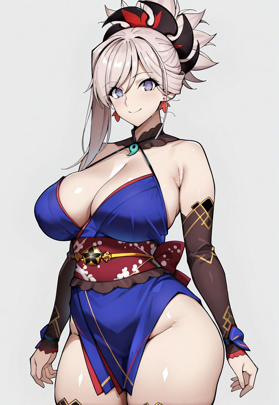 Une illustration de Miyamoto Musashi, dans le style des dessins animés japonais, tirée de Fate/Grand Order. Elle est représentée souriante, portant un kimono bleu, des protège-bras marron et les cheveux attachés en une haute queue de cheval.