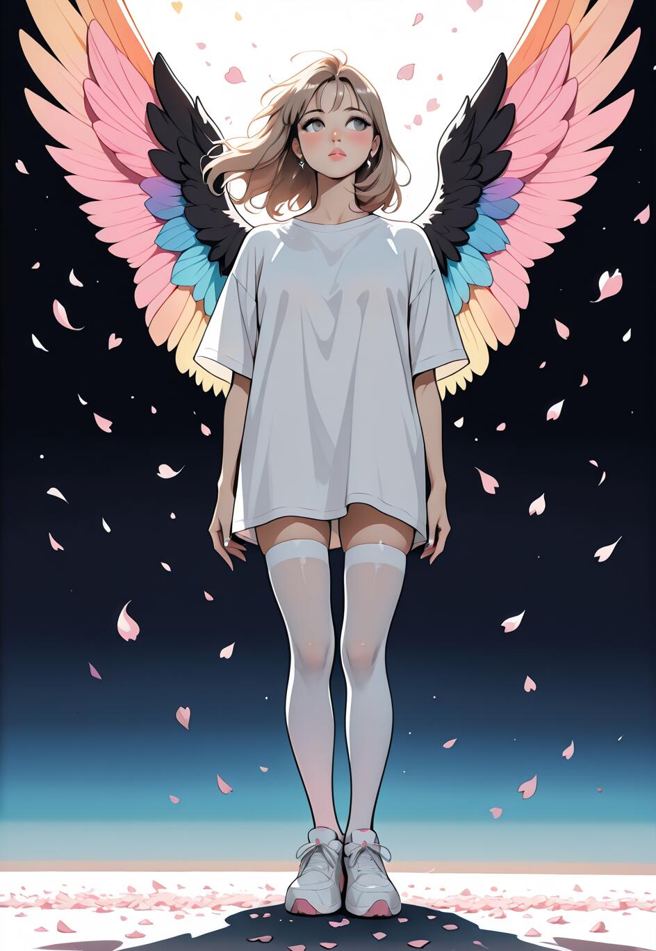 Illustration d’une jeune fille de style manga, représentée en pied, avec des ailes colorées et plumeuses. Elle a les cheveux châtain clair, porte une chemise blanche ample, des bas blancs montant jusqu’aux cuisses et des baskets, et se tient au milieu de pétales de cerisier qui tombent, sur un fond sombre éclairé par une lumière vive derrière elle.