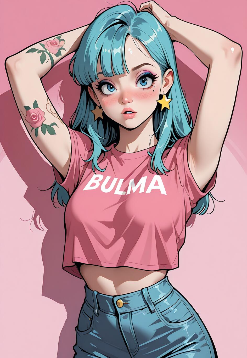 Une illustration de Bulma, personnage de Dragon Ball, dans un style d’animation japonaise (anime). Elle a les cheveux et les yeux bleus. Elle porte un débardeur rose avec le mot « BULMA » écrit dessus, un jean bleu et des boucles d’oreilles en forme d’étoiles. Elle a des tatouages de roses sur le bras et prend la pose, les mains derrière la tête, sur un fond rose.
