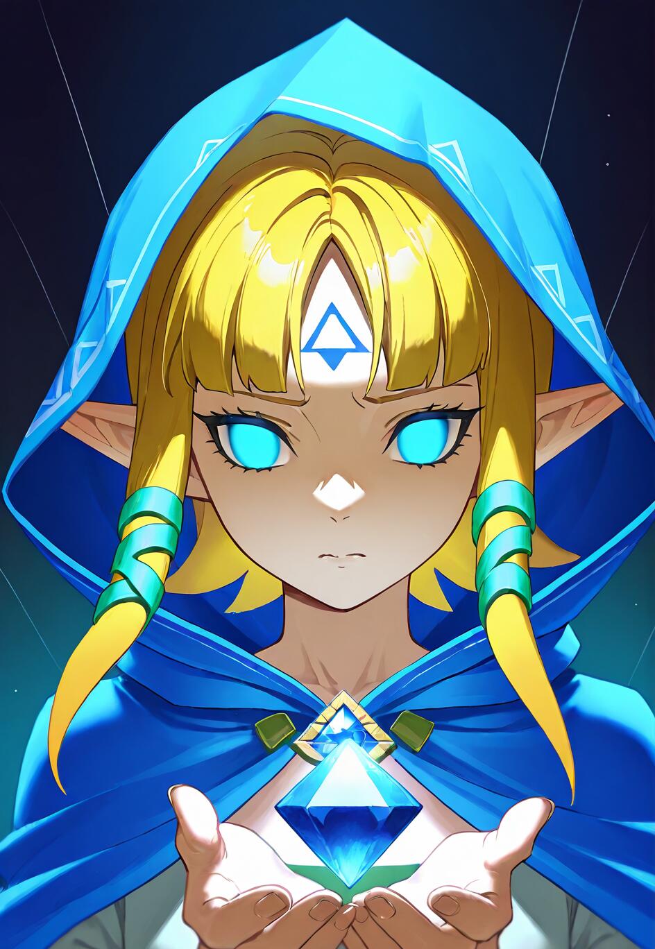 Une illustration de la princesse Zelda dans un style d’animation japonaise, avec des yeux bleus lumineux, portant une cape bleue à capuche et tenant une gemme bleue étincelante. Le symbole de la Triforce est visible sur son front.