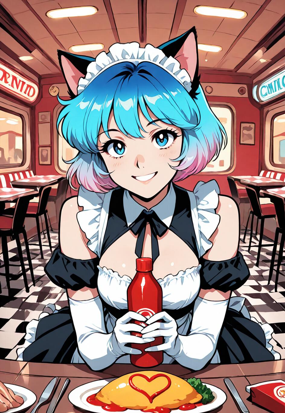 Une jeune fille à l’allure d’animé, avec de courts cheveux bleus et roses, vêtue d’un uniforme de serveuse, sourit en tenant une bouteille de ketchup au-dessus d’une assiette d’omurice décorée d’un cœur en ketchup, dans un restaurant à l’ambiance rétro.