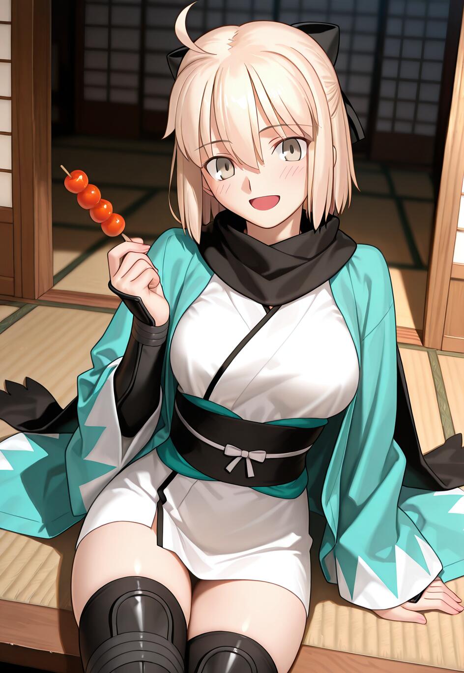 Okita Souji, un personnage d’anime issu de Fate/Grand Order, une jeune femme aux cheveux courts et blonds, portant un nœir noir, assise sur un tatami, vêtue d’un haori turquoise et d’un kimono blanc, et souriant en tenant une brochette de dango orange.