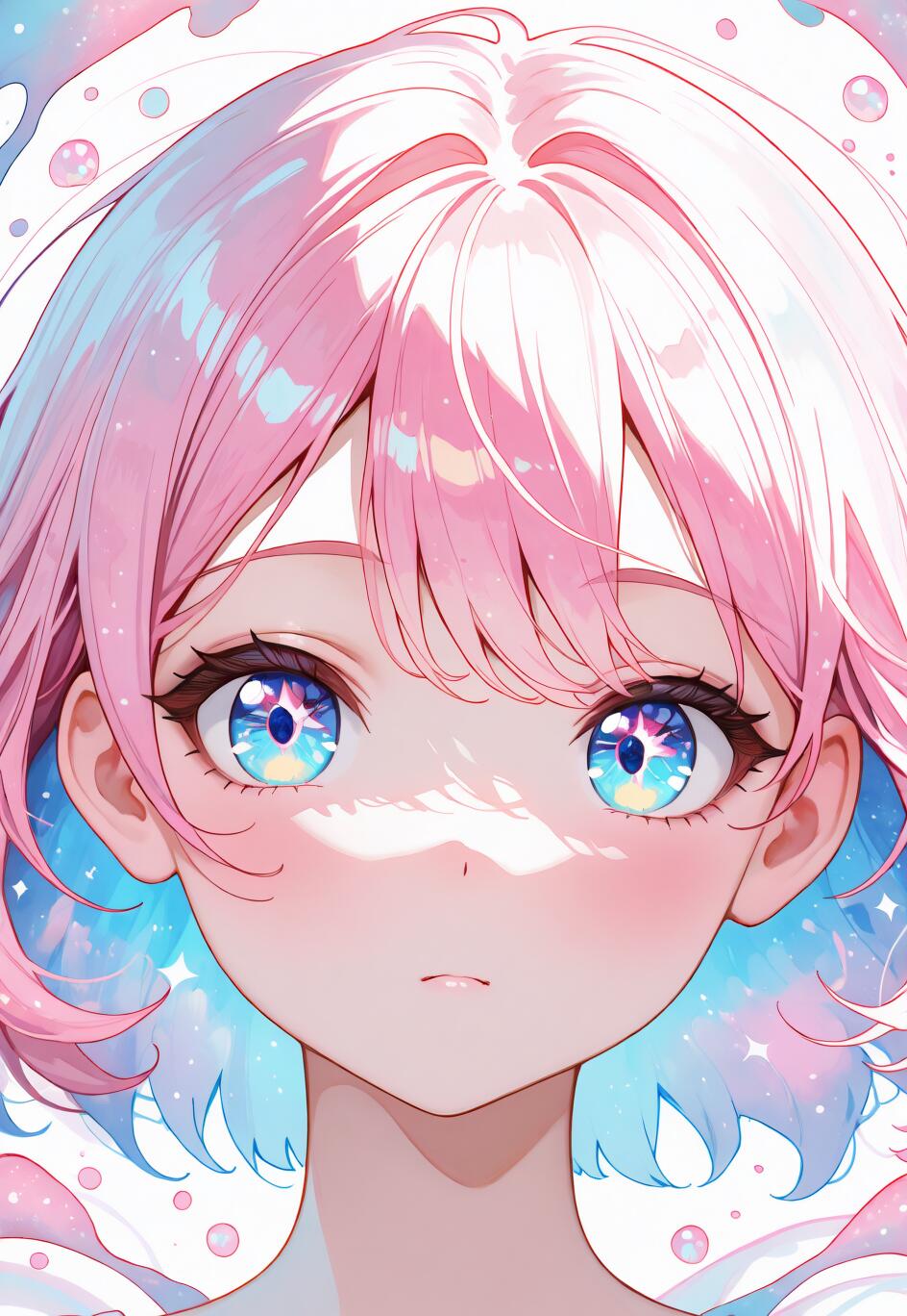 Un portrait en gros plan d’une adorable jeune fille d’anime, avec de courts cheveux roses et de grands yeux scintillants aux couleurs variées. Le style artistique est doux et utilise une palette de couleurs pastel.