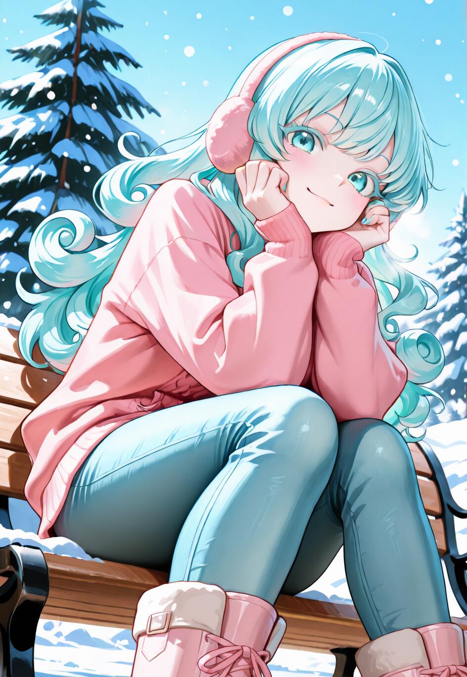 Une jeune fille issue d’un dessin animé, avec des cheveux bouclés de couleur turquoise et un pull rose, est assise sur un banc dans un parc, dans un décor hivernal enneigé. Elle sourit et repose sa tête dans ses mains.