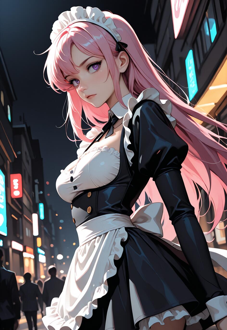 Une illustration de style manga représentant une jeune femme aux longs cheveux roses et aux yeux violets, vêtue d’un uniforme de femme de chambre noir et blanc. Elle se tient dans une rue de la ville, de nuit, avec des néons flous en arrière-plan.