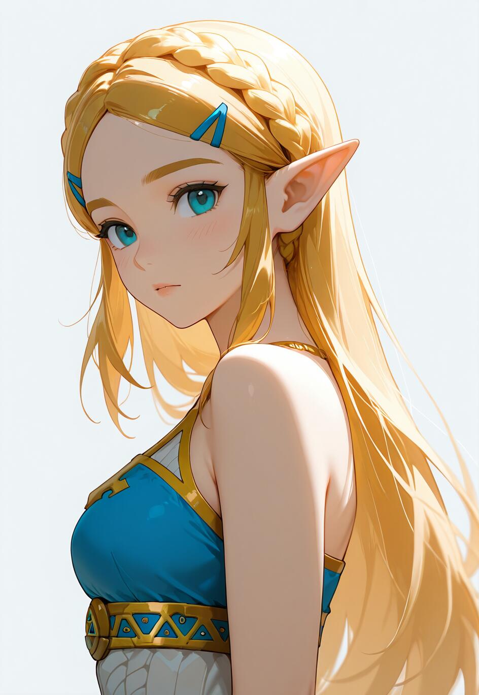 Une illustration de la princesse Zelda, tirée du jeu vidéo The Legend of Zelda, réalisée dans un style d’animation japonaise (anime). Elle a de longs cheveux blonds coiffés en une tresse ornée d’une couronne, des yeux bleus et des oreilles pointues. On la voit se retourner, vêtue d’une tenue bleue et dorée.