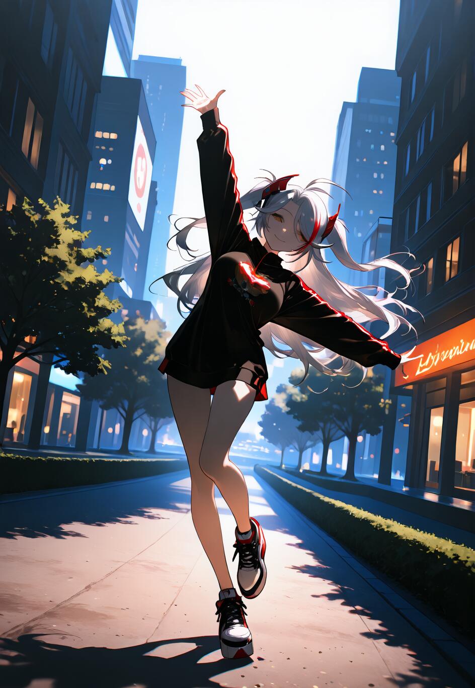 Illustration complète du personnage d’anime Prinz Eugen, tiré de la série Azur Lane, debout sur un trottoir en ville. Elle a de longs cheveux blancs, porte un sweat à capuche noir décontracté et des baskets, et sourit joyeusement, un bras tendu.