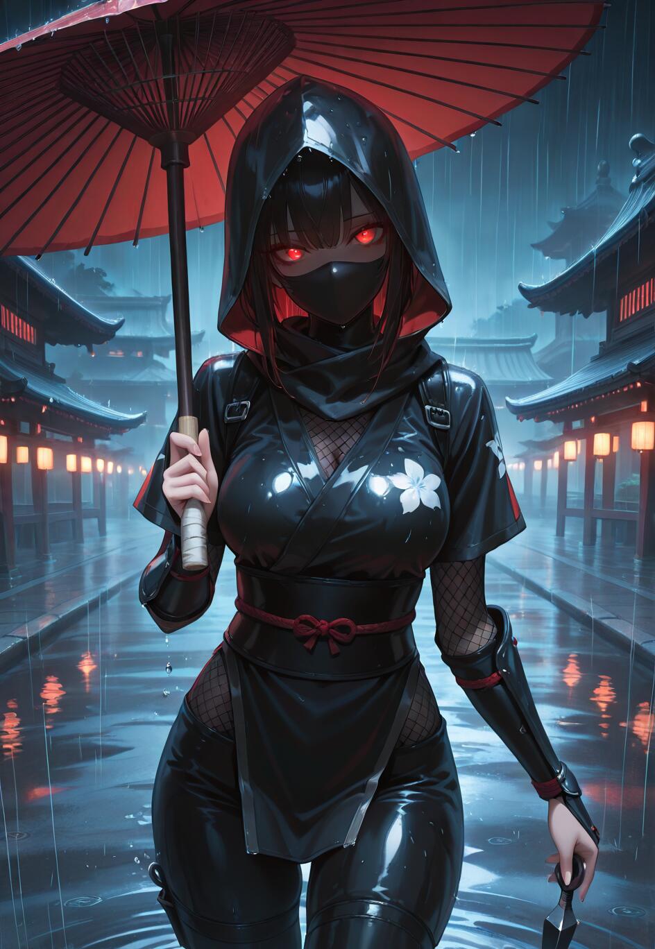 Une jeune femme, ninja dans un univers d’animation japonaise, aux yeux rougeoyants et vêtue d’une combinaison noire à capuche, se tient sous la pluie, la nuit. Elle tient un parapluie rouge dans une main et un kunai dans l’autre, et en arrière-plan, on aperçoit des bâtiments japonais illuminés par des lanternes.