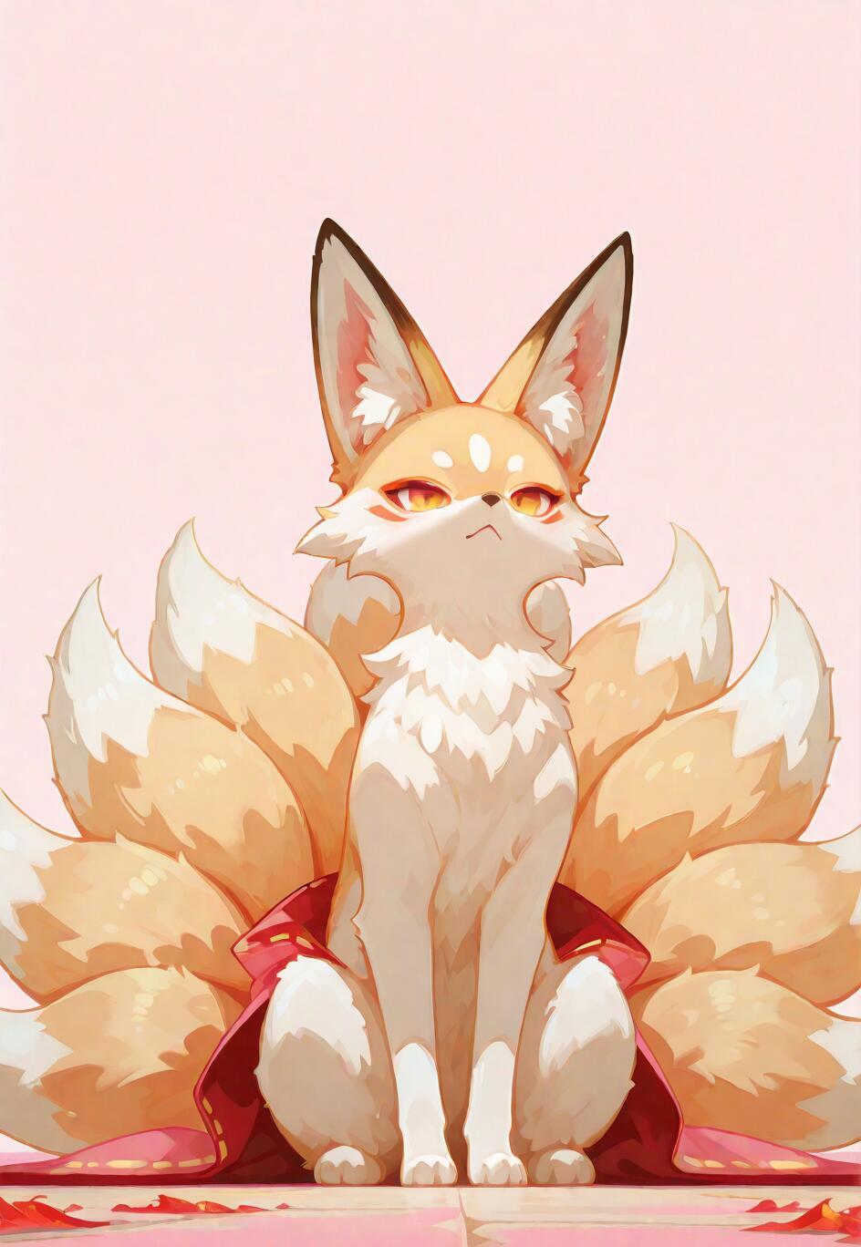 Une illustration de style manga représentant un renard à neuf queues, blanc et orange (kitsune), assis droit. Il a de grandes oreilles, des yeux rouge-dorés et une expression fière, et ses neuf queues sont déployées derrière lui sur un fond rose pâle.