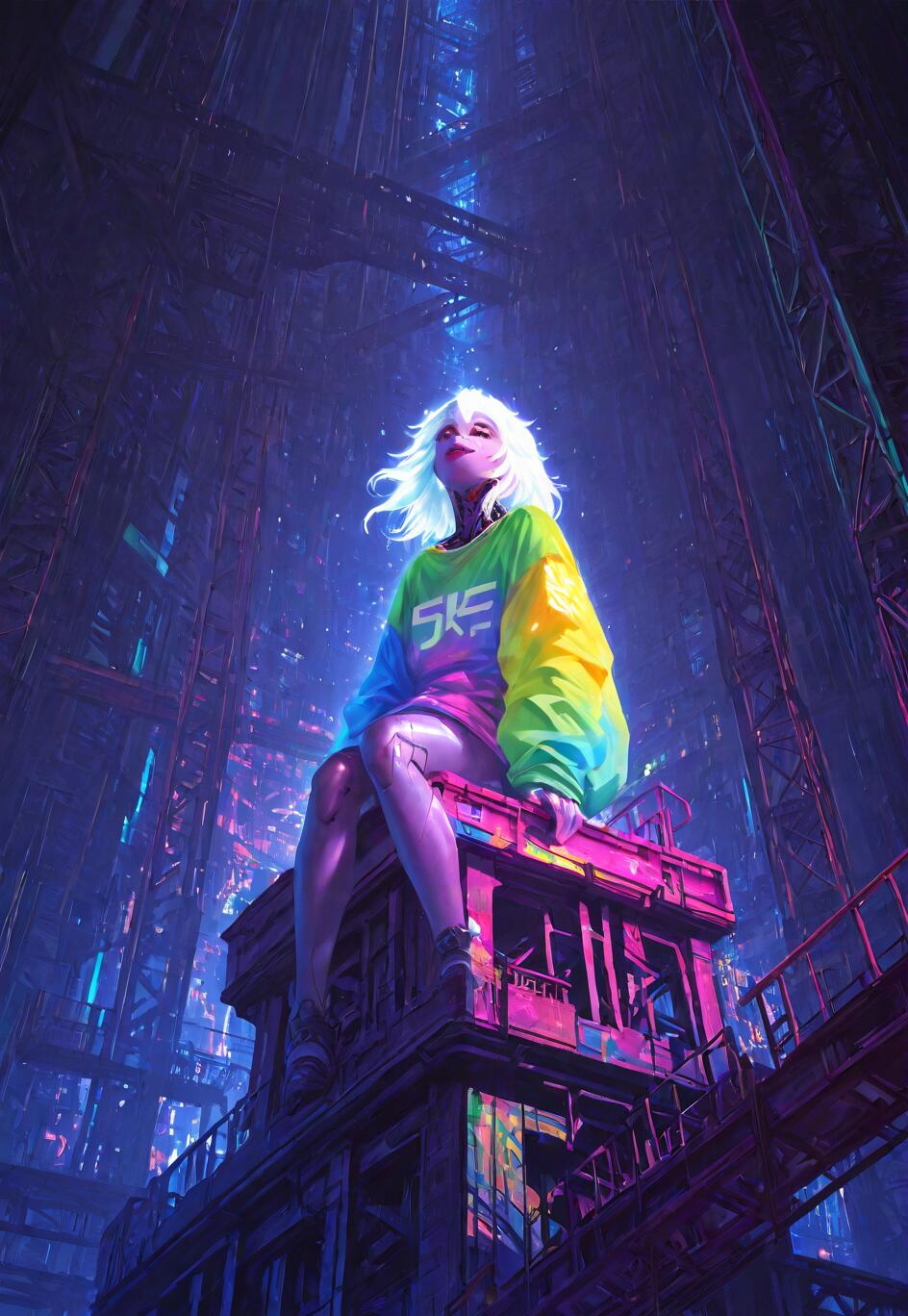 Une jeune femme aux cheveux blancs, vêtue d’un pull ample et coloré, est assise sur un toit et contemple une vaste ville futuriste de style cyberpunk, illuminée de néons bleus et violets, sous le ciel nocturne.