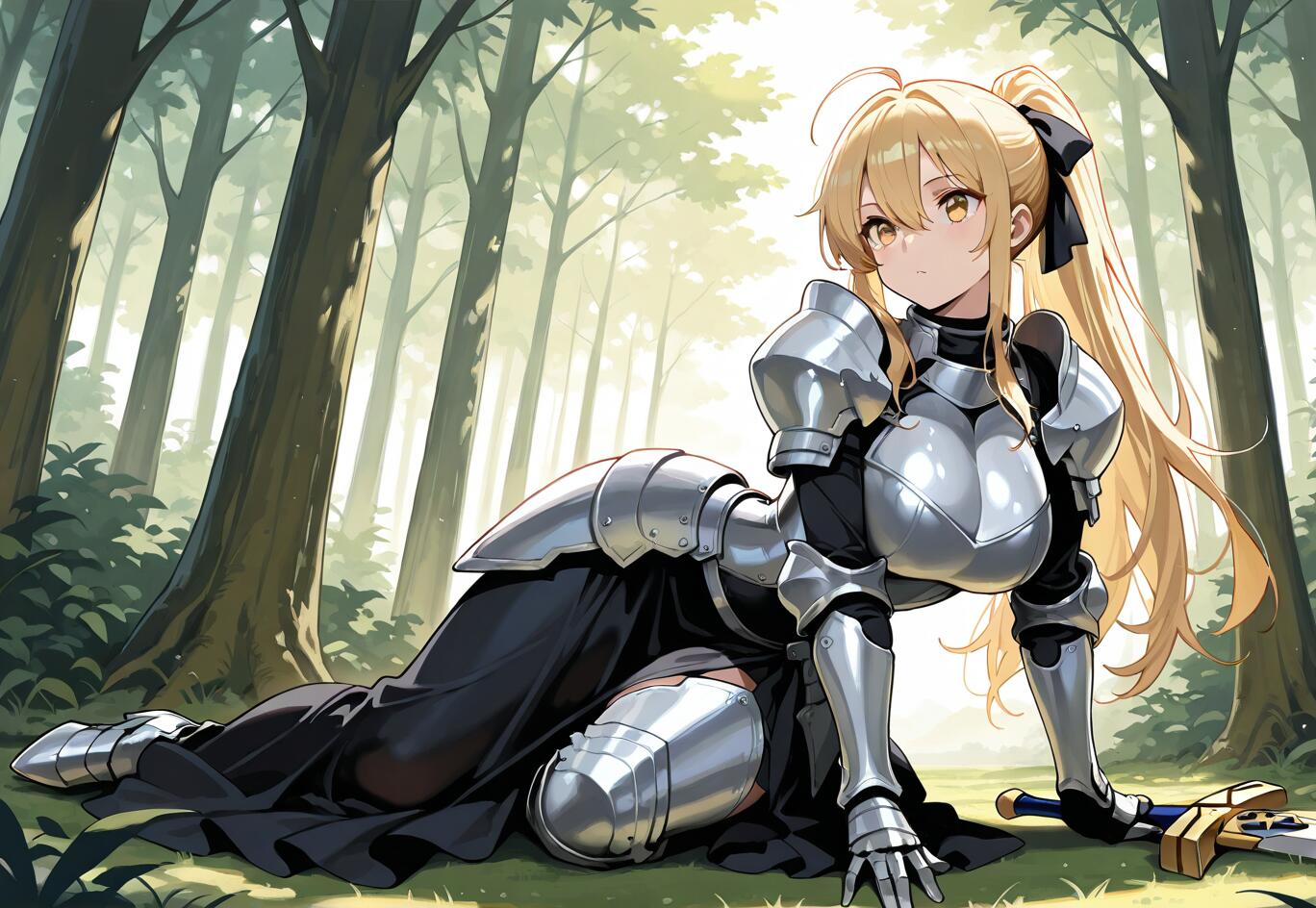 Une illustration d’anime représentant Saber Artoria Pendragon, une chevalière blonde vêtue d’une armure argentée complète et d’une robe noire, reposant sur l’herbe d’une forêt baignée de soleil, avec son épée, Excalibur, à ses côtés.