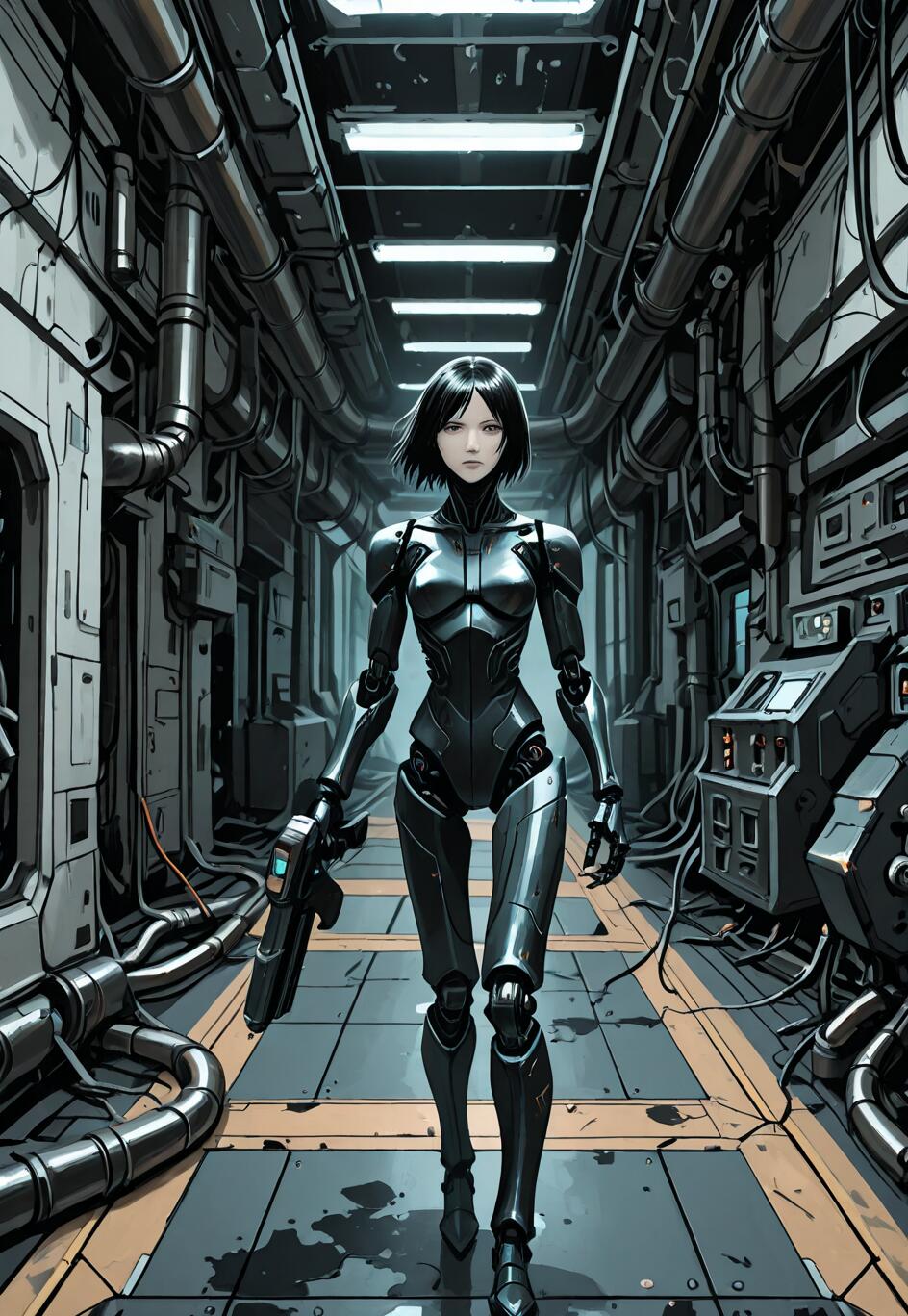 Une illustration du personnage cyborg Sanakan, issu du manga BLAME!, montrant son corps en entier alors qu’elle avance vers le spectateur dans un couloir sombre, étroit et industriel, typique de la science-fiction, rempli de tuyaux et de câbles. Elle a les cheveux courts et noirs et tient une grosse arme à la main.
