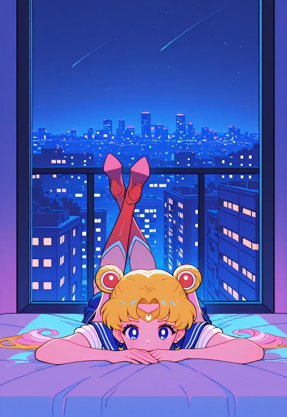 Sailor Moon, reconnaissable à sa coiffure blonde en forme de chignons, est allongée sur le ventre sur un lit, et regarde directement le spectateur. Derrière elle, une grande fenêtre révèle une vue imprenable sur les lumières d’une ville animée, la nuit, sous un ciel étoilé.