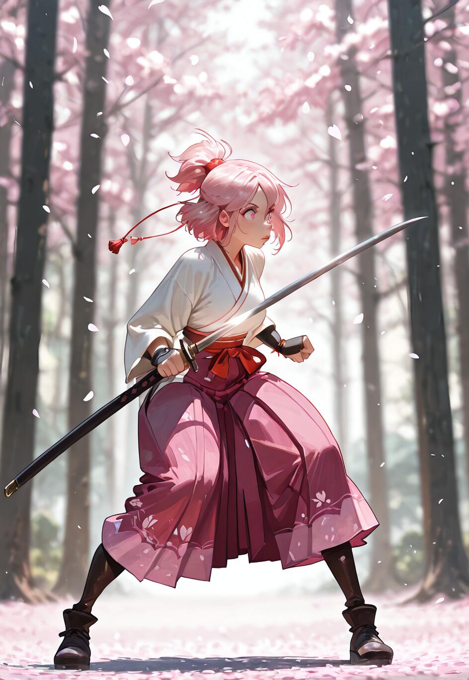 Une illustration de style manga représentant une jeune femme aux cheveux roses, coiffée d’une queue de cheval haute, portant un haut blanc et un hakama rose, et tenant un katana dans une posture défensive, dans une forêt où les pétales de cerisier tombent.