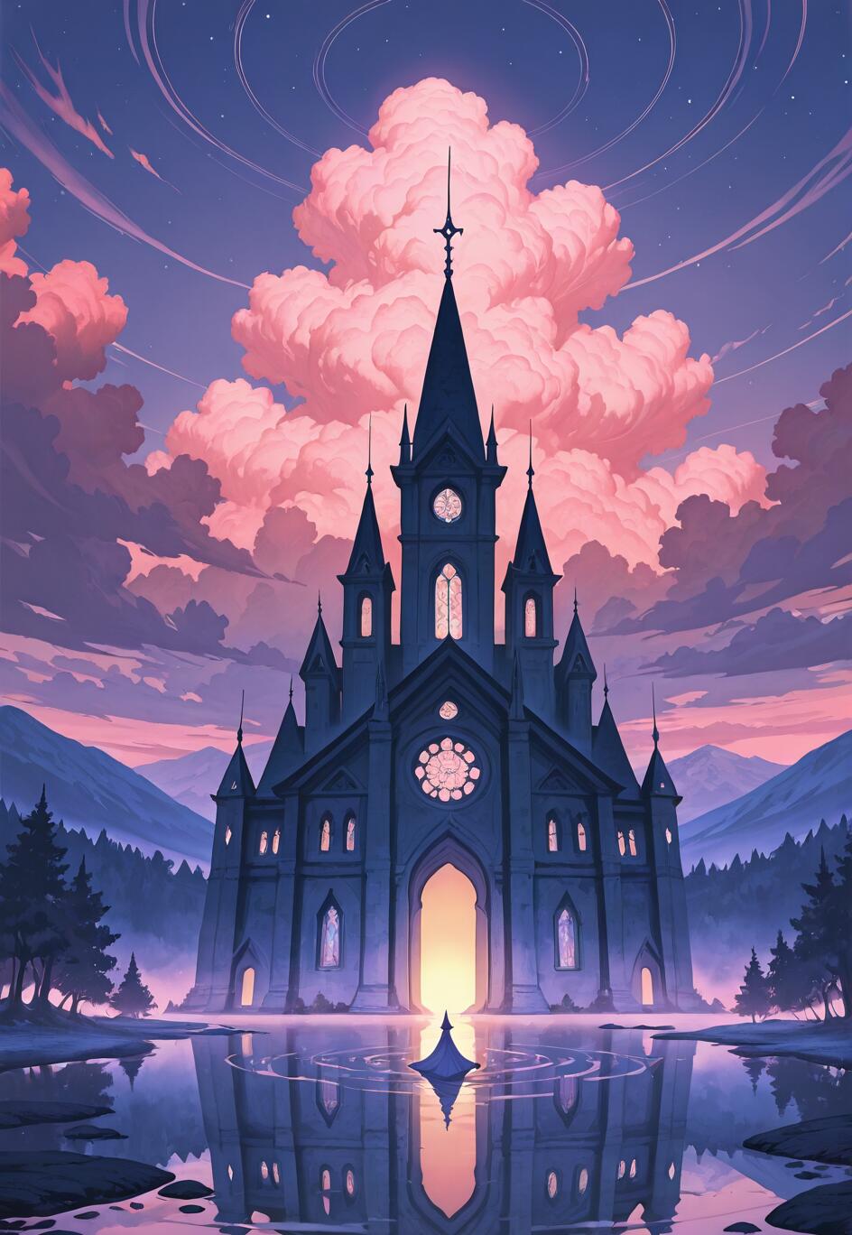 Une illustration numérique fantastique représentant une cathédrale gothique sombre, au bord d’un lac, au crépuscule. De grands nuages roses et volumineux remplissent le ciel violet, et toute la scène se reflète dans l’eau calme. Une petite silhouette solitaire, vêtue d’une robe sombre, se tient sur l’eau, devant l’entrée lumineuse de la cathédrale.