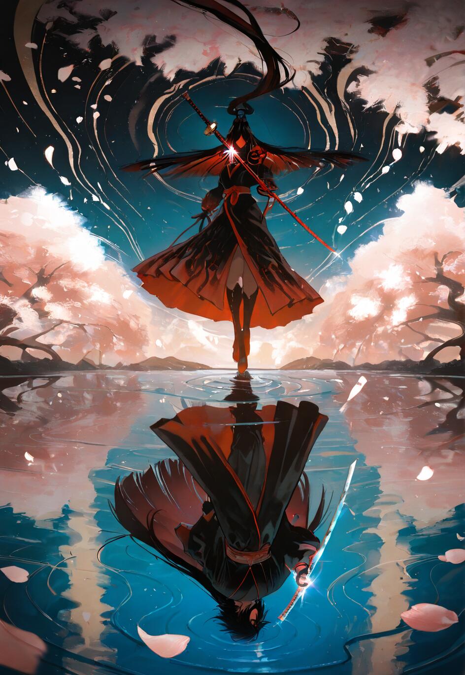 Une illustration de Sasuke Uchiha, personnage de Naruto, dans un style manga, où il se tient sur l’eau sous un ciel nocturne, avec des cerisiers en fleurs. Son reflet dans l’eau révèle son véritable visage, créant ainsi un thème de dualité.