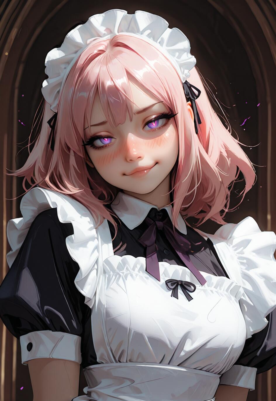 Une illustration numérique du personnage d’anime Astolfo, issu de la série Fate, avec des cheveux roses et des yeux violets lumineux, portant un uniforme de femme de chambre noir et blanc. Il affiche une expression satisfaite et regarde l’objectif de la caméra sur un fond sombre.