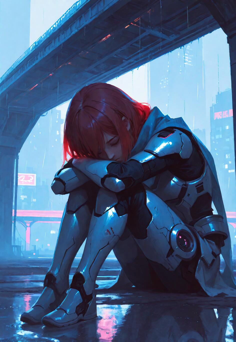 Une femme aux longs cheveux roux, vêtue d’une armure futuriste blanche et noire, est assise, recroquevillée sur le sol, sous un pont dans une ville cyberpunk pluvieuse et illuminée par des néons. Elle a la tête baissée, dans une pose mélancolique.