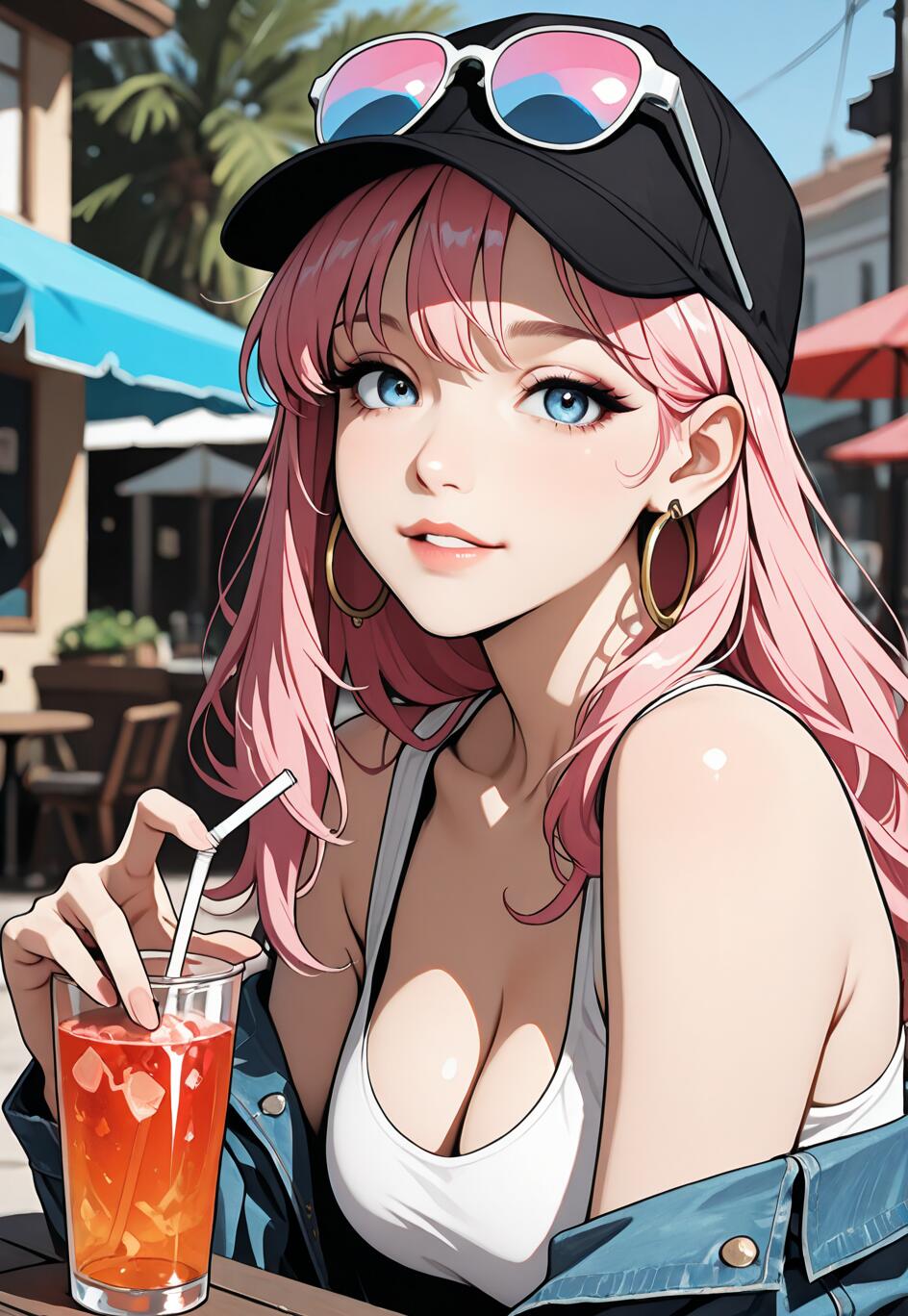 Un portrait de style manga représentant une jeune femme aux cheveux roses et aux yeux bleus, assise à la terrasse d’un café. Elle porte une casquette noire, des lunettes de soleil et une veste en jean, et tient un grand verre contenant une boisson rouge-orangée et une paille.