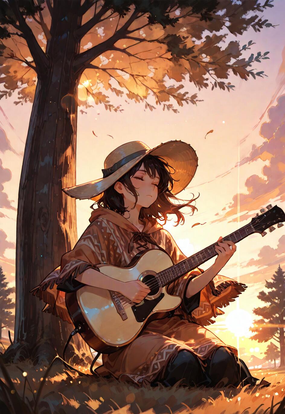 Une jeune fille au style manga, avec des cheveux foncés, portant un poncho et un chapeau à larges bords, est assise adossée à un grand arbre au coucher du soleil, et joue paisiblement de la guitare acoustique.