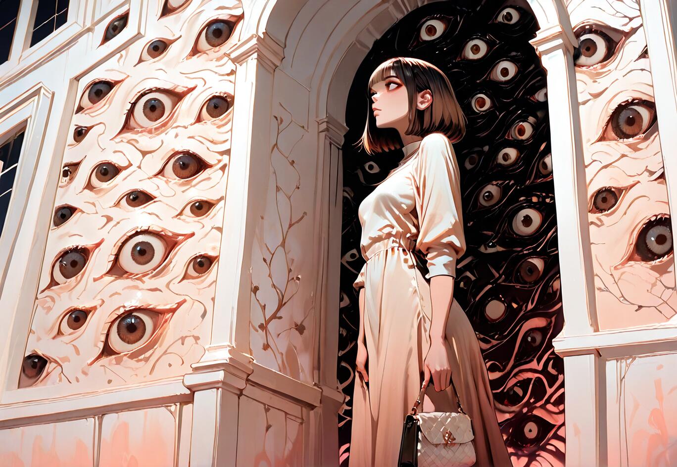 Une illustration de style manga représentant une femme élégante aux cheveux courts et bruns, debout dans un couloir blanc où les murs et l’encadrement d’une porte sombre sont couverts de centaines d’yeux qui l’observent.