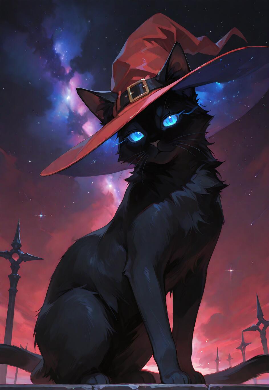 Une illustration numérique représentant un chat noir élégant aux yeux bleus lumineux, portant un grand chapeau de sorcière rouge. Le chat est assis et regarde directement le spectateur, sur un fond de ciel nocturne violet et rouge parsemé de nébuleuses.