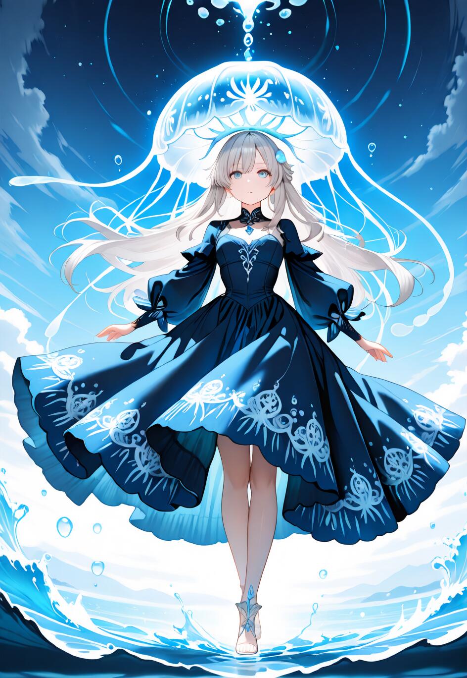 Une jeune fille d’anime, aux longs cheveux argentés et vêtue d’une robe bleu foncé, se tient à la surface de l’eau. Une grande méduse bleue et lumineuse est posée sur sa tête, comme un chapeau, sur un fond bleu ciel.