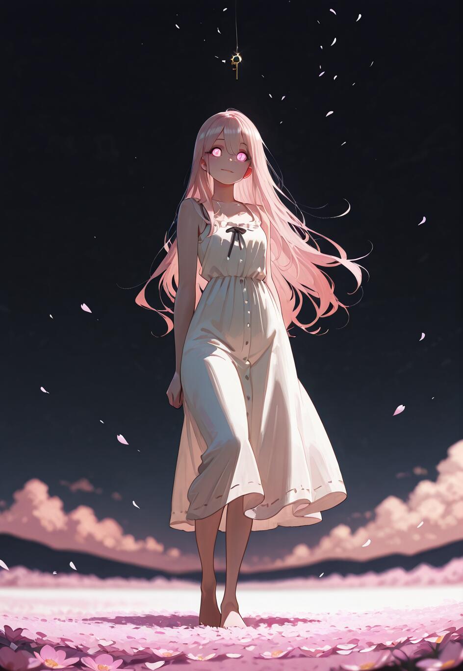 Une jeune fille d’anime, aux longs cheveux roses et aux yeux roses lumineux, se tient pieds nus dans un champ de pétales roses, sous un ciel sombre, avec une seule clé dorée suspendue au-dessus d’elle.