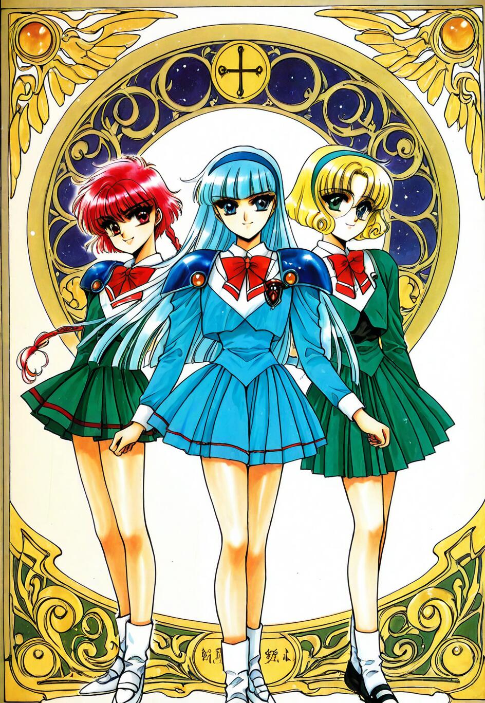 Illustration complète représentant Hikaru Shidou, Umi Ryuuzaki et Fuu Hououji, tirée de l’œuvre Magic Knight Rayearth. Hikaru a les cheveux roux, Umi a les cheveux bleus et Fuu a les cheveux blonds et porte des lunettes. Elles sont vêtues d’uniformes scolaires renforcés et se tiennent devant un grand cadre circulaire doré et orné.