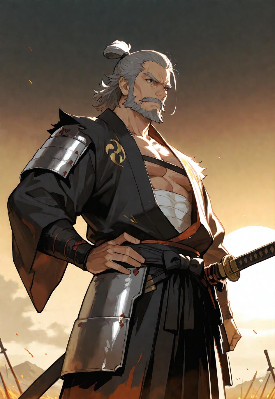Une illustration de style manga représentant un samouraï âgé et musclé, aux cheveux et à la barbe gris, vêtu d’un kimono noir et d’une armure partielle, se tenant avec assurance sur un champ de bataille au lever du soleil.