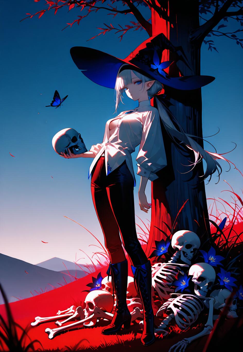 Une illustration de style manga représentant une sorcière aux cheveux argentés, portant un grand chapeau et tenant un crâne. Elle est appuyée contre un arbre, dans un champ rouge surréaliste rempli de squelettes et de fleurs bleues, sous un ciel bleu foncé.
