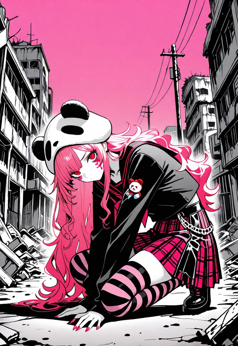 Une illustration de style manga représentant le personnage MaiMai du jeu Arknights, avec de longs cheveux roses et un chapeau en forme de panda. Elle est accroupie dans une rue délabrée d’une ville en noir et blanc, sous un ciel d’un rose vif et uniforme.