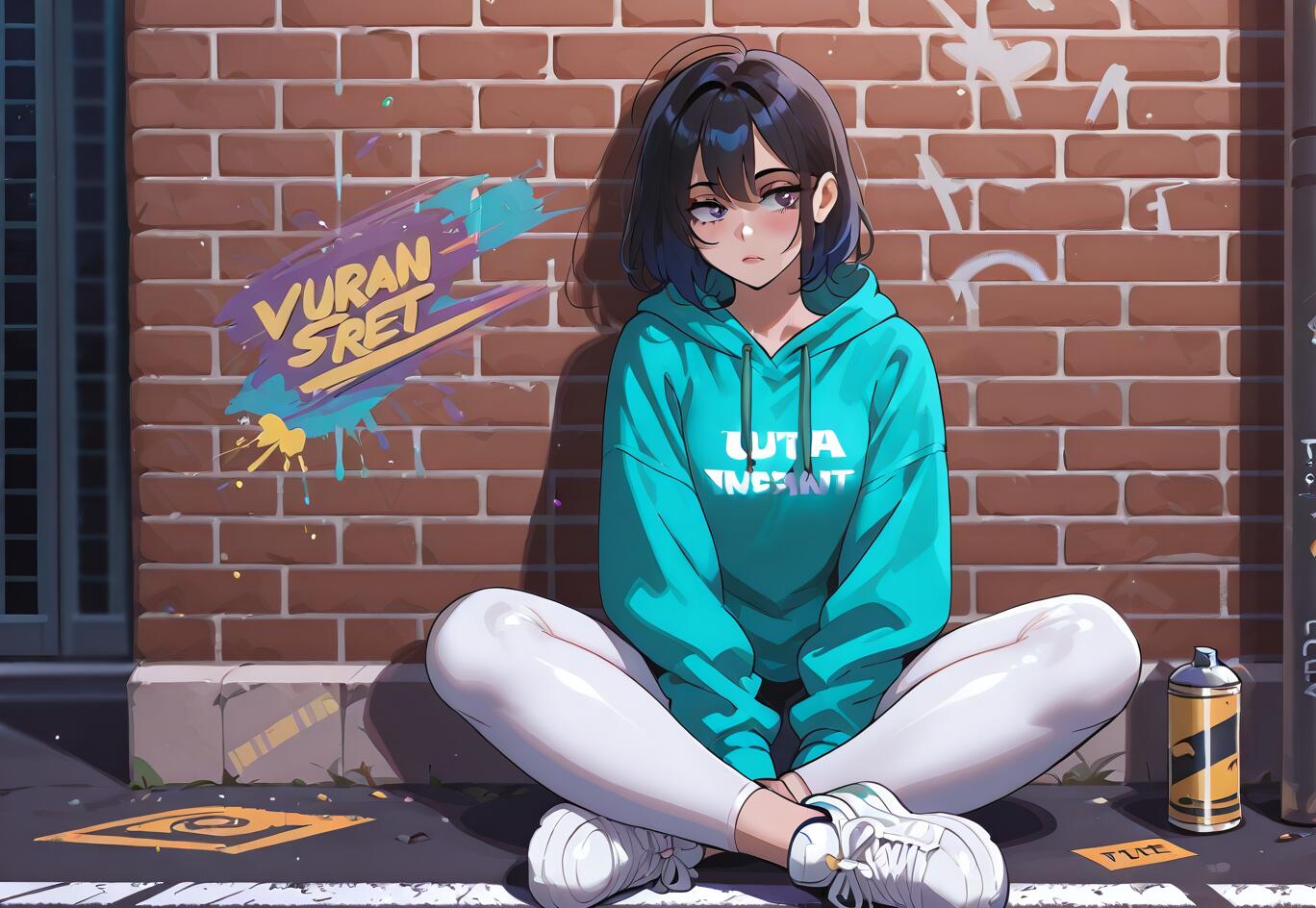Une jeune fille de dessin animé, aux cheveux courts et foncés, porte un sweat à capuche turquoise et un legging blanc. Elle est assise sur le trottoir, adossée à un mur de briques recouvert de graffitis colorés.