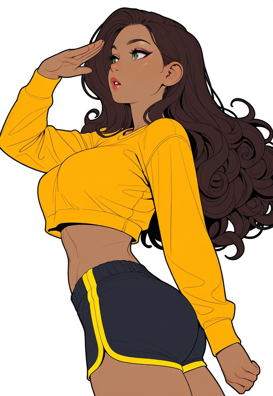 Une illustration numérique représentant une femme à la peau foncée et aux longs cheveux bruns et ondulés, portant un débardeur jaune et un short de sport noir. Elle regarde sur le côté, une main protégeant ses yeux du soleil.