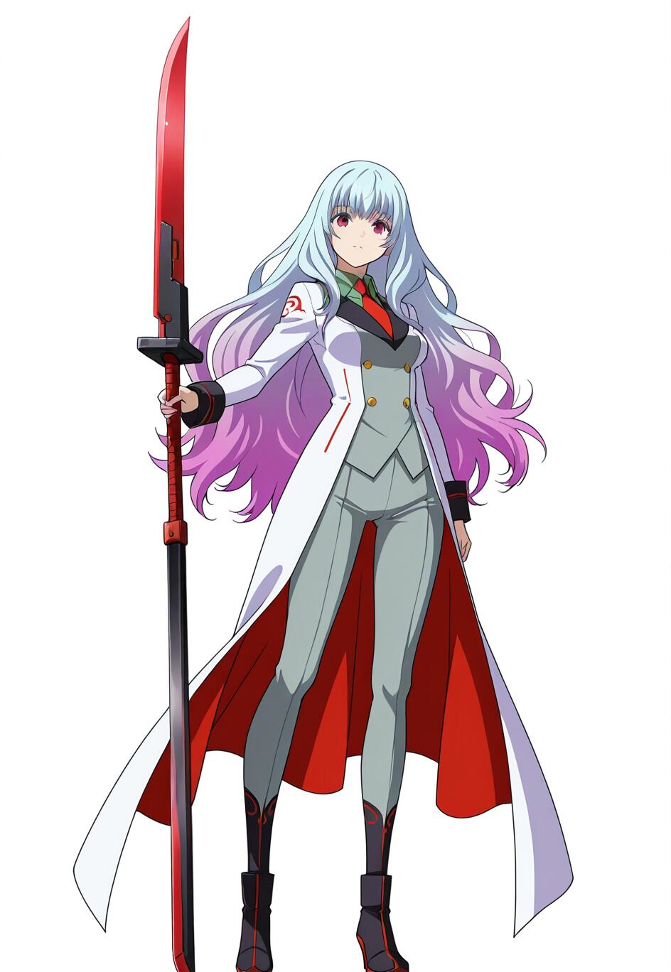 Illustration complète du personnage d’anime Vladilena Milizé, issue de la série 86 -Eighty Six-, avec de longs cheveux argentés virant au violet, portant un uniforme militaire blanc et gris et tenant une grande arme rouge en forme de lance.