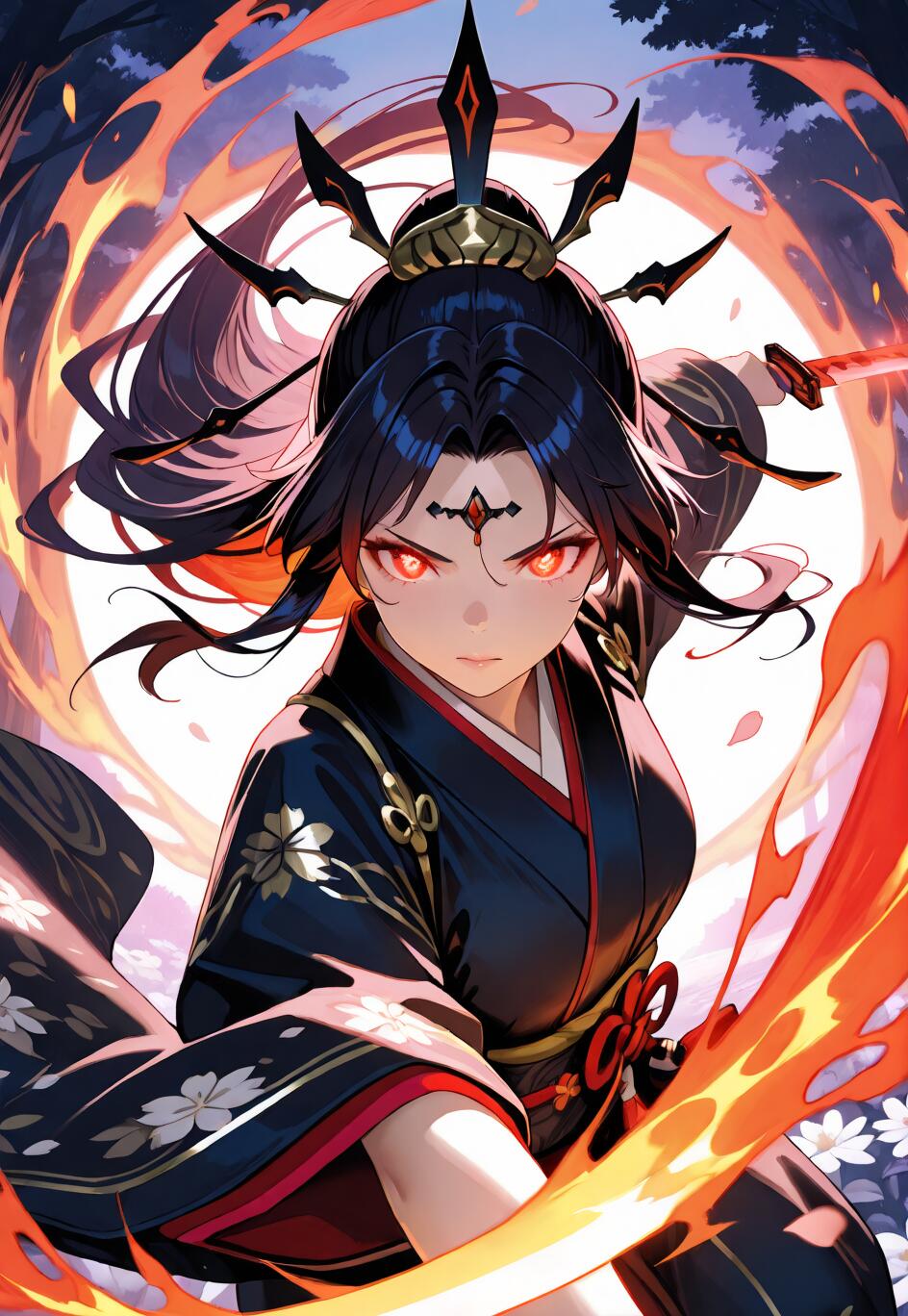 Une guerrière de style manga, avec de longs cheveux noirs, un couvre-chef noir hérissé et des yeux rouges brillants. Elle porte un kimono noir à motifs floraux et tient un katana enflammé dans une pose dynamique, entourée d’un cercle de feu sur fond de forêt éclairée par la lune.