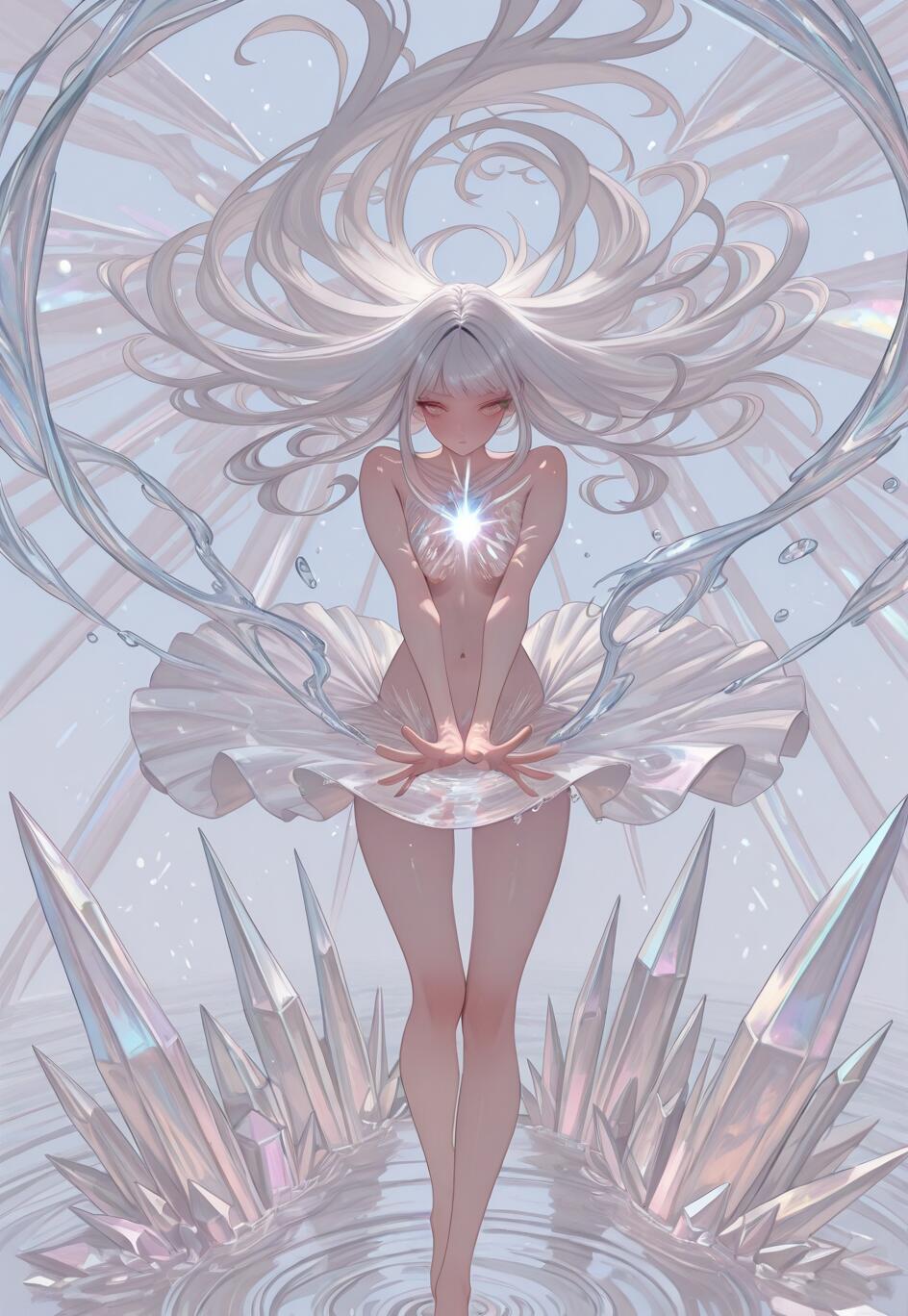 Une illustration représentant une jeune fille d’anime en pied, avec de longs cheveux blancs, debout dans l’eau. Elle a une lumière scintillante sur la poitrine et est entourée de grands cristaux irisés et de volutes d’eau tourbillonnantes.