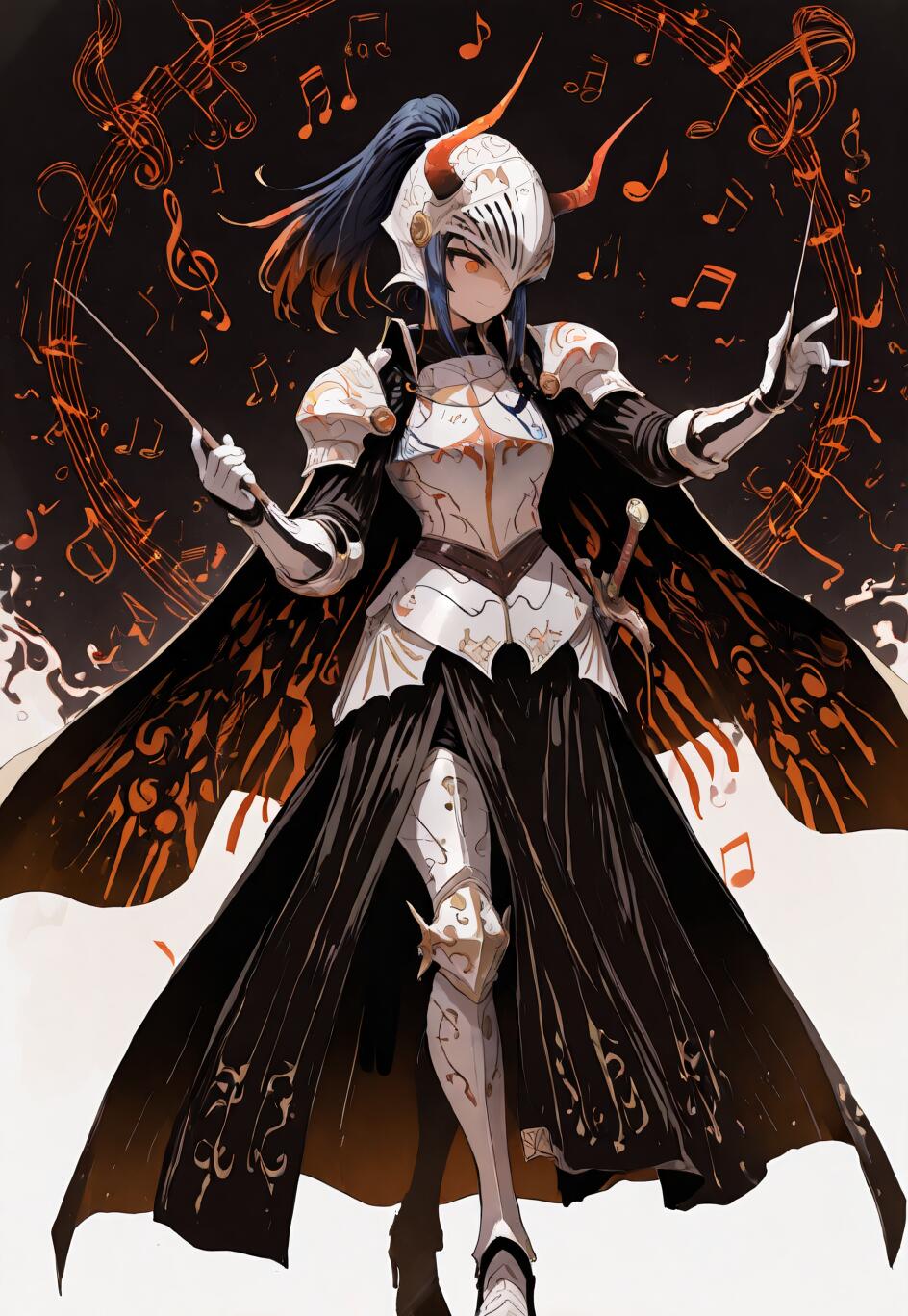 Une illustration de style manga représentant le personnage Yaneko Uta en tant que chef d’orchestre chevaleresque. Elle porte une armure blanche et argentée ornée, une cape noire et un casque à cornes. Elle tient deux baguettes de chef d’orchestre et se tient au milieu d’un tourbillon de notes de musique orange lumineuses.